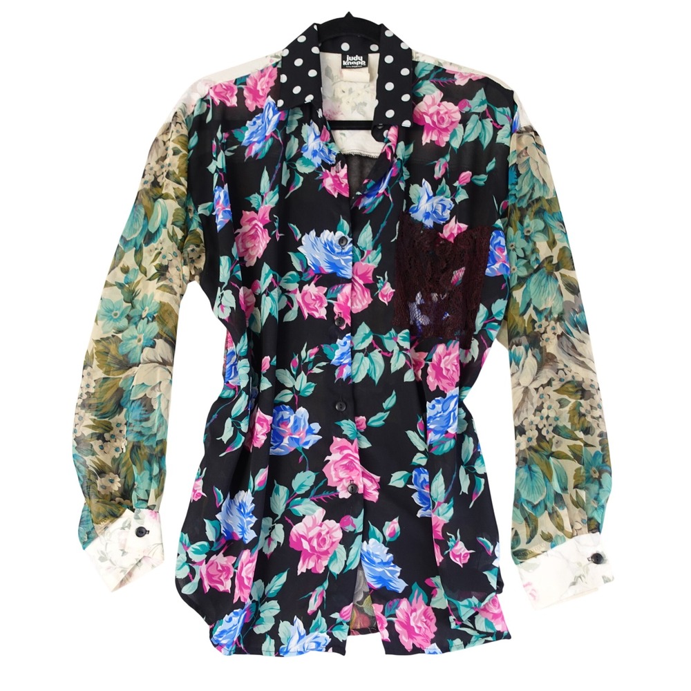 Vintage 90s Blouse Womens M Black Floral Polka Dot Mixed Print Cottage Boho Top‎